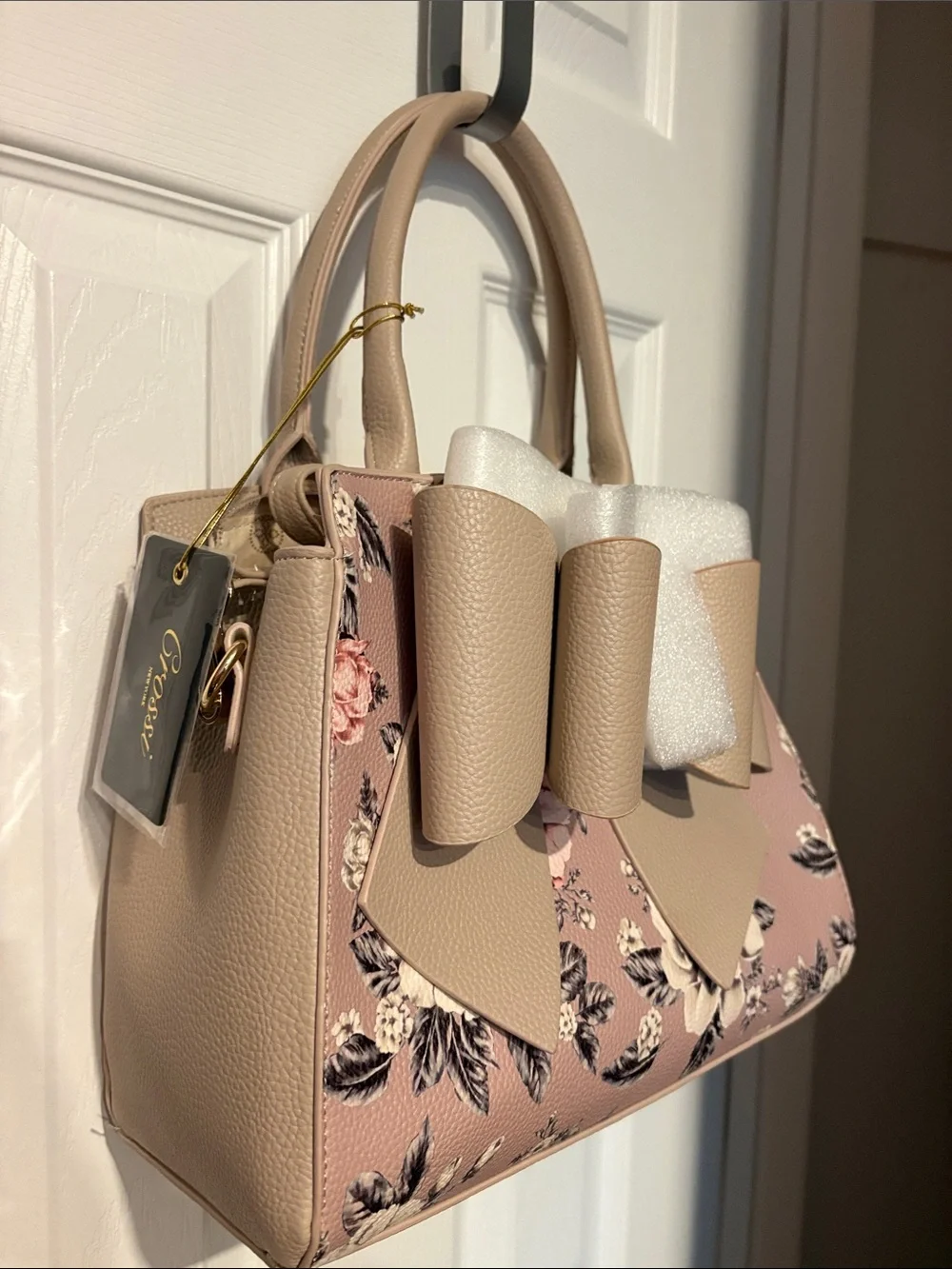 BNWT GROSSI Women’s Floral Bow Satchel Handbag - Taupe Pink